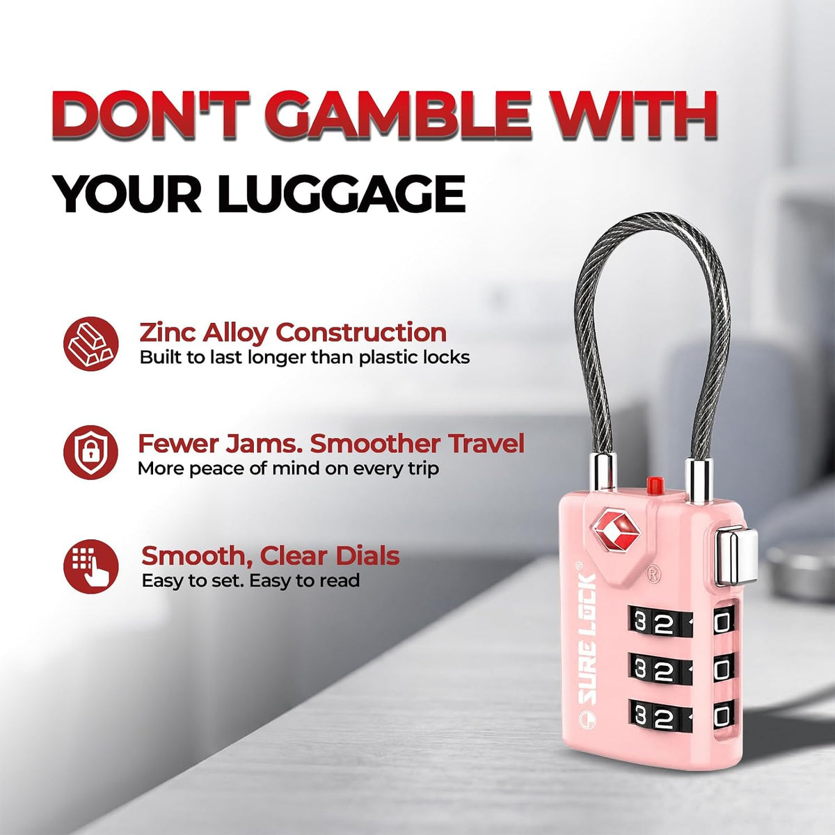 TSA Approved Luggage Locks with Open Alert Indicator, 3 Digit Combination Cable Travel Lock for Suitcase, Backpack, Gym Locker, Toolbox & Travel Bag(2, Pink 2 Pack)