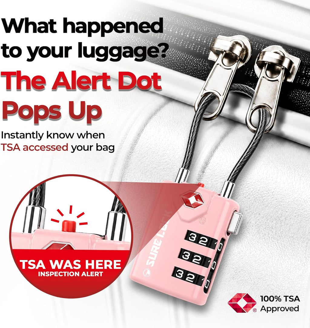 TSA Approved Luggage Locks with Open Alert Indicator, 3 Digit Combination Cable Travel Lock for Suitcase, Backpack, Gym Locker, Toolbox & Travel Bag(2, Pink 2 Pack)