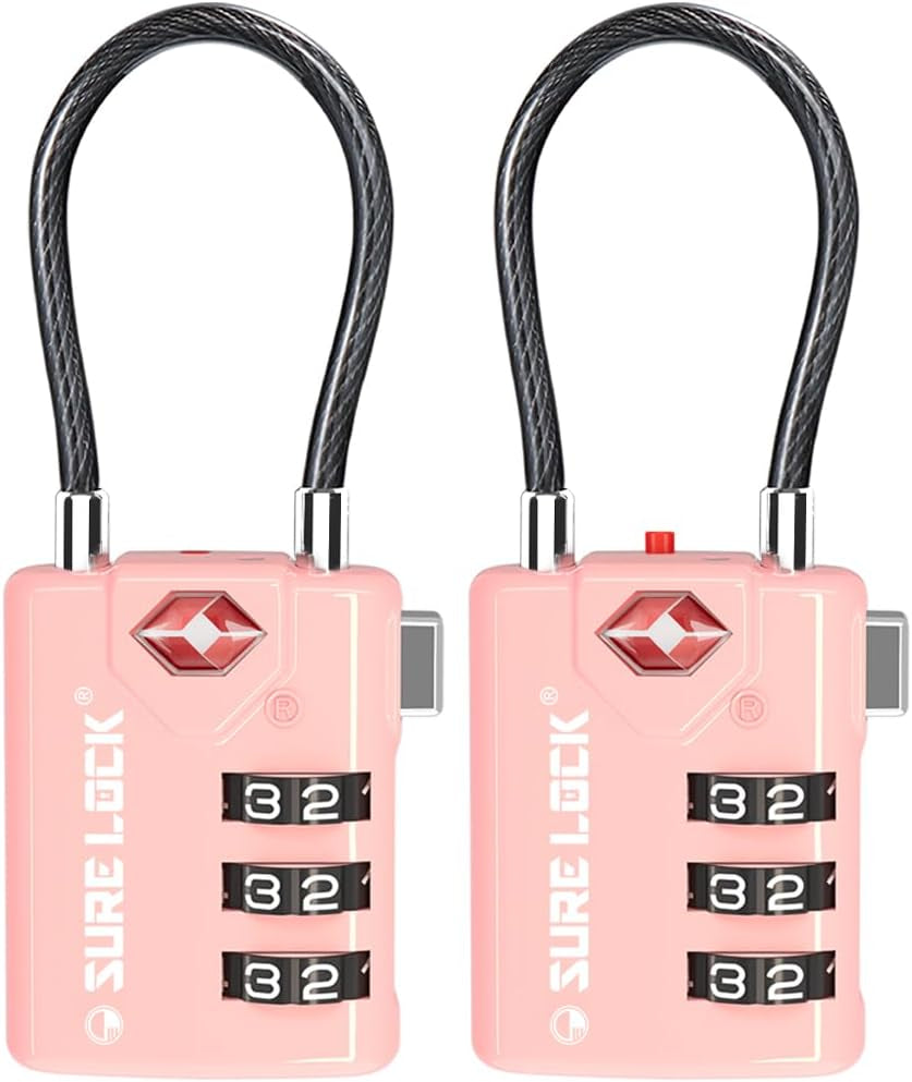 TSA Approved Luggage Locks with Open Alert Indicator, 3 Digit Combination Cable Travel Lock for Suitcase, Backpack, Gym Locker, Toolbox & Travel Bag(2, Pink 2 Pack)