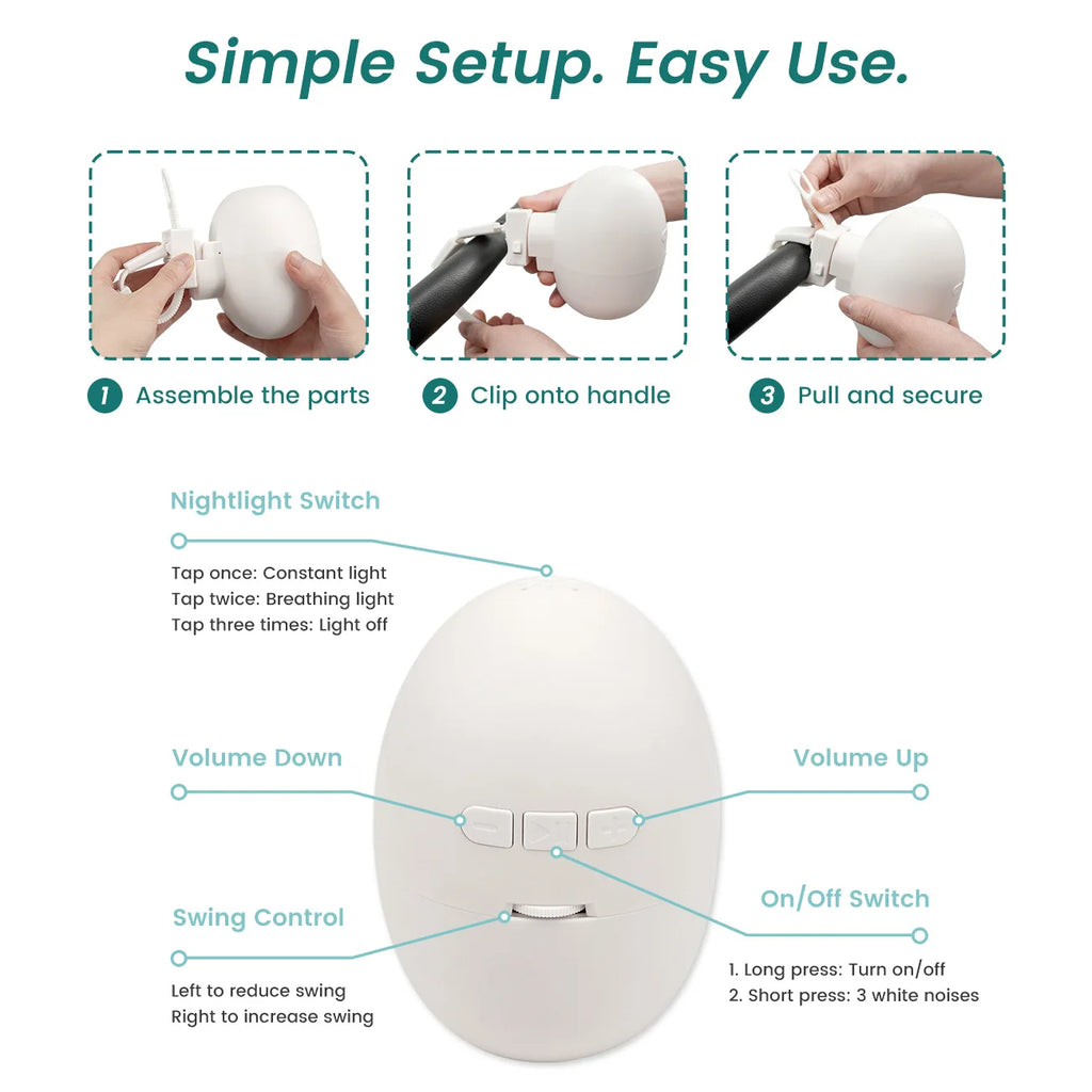 Baby Cradle Sleep Soother with Adjustable Vibration, White Noise & Touch Control Nightlight, Type-C Rechargeable Clip-On Infant