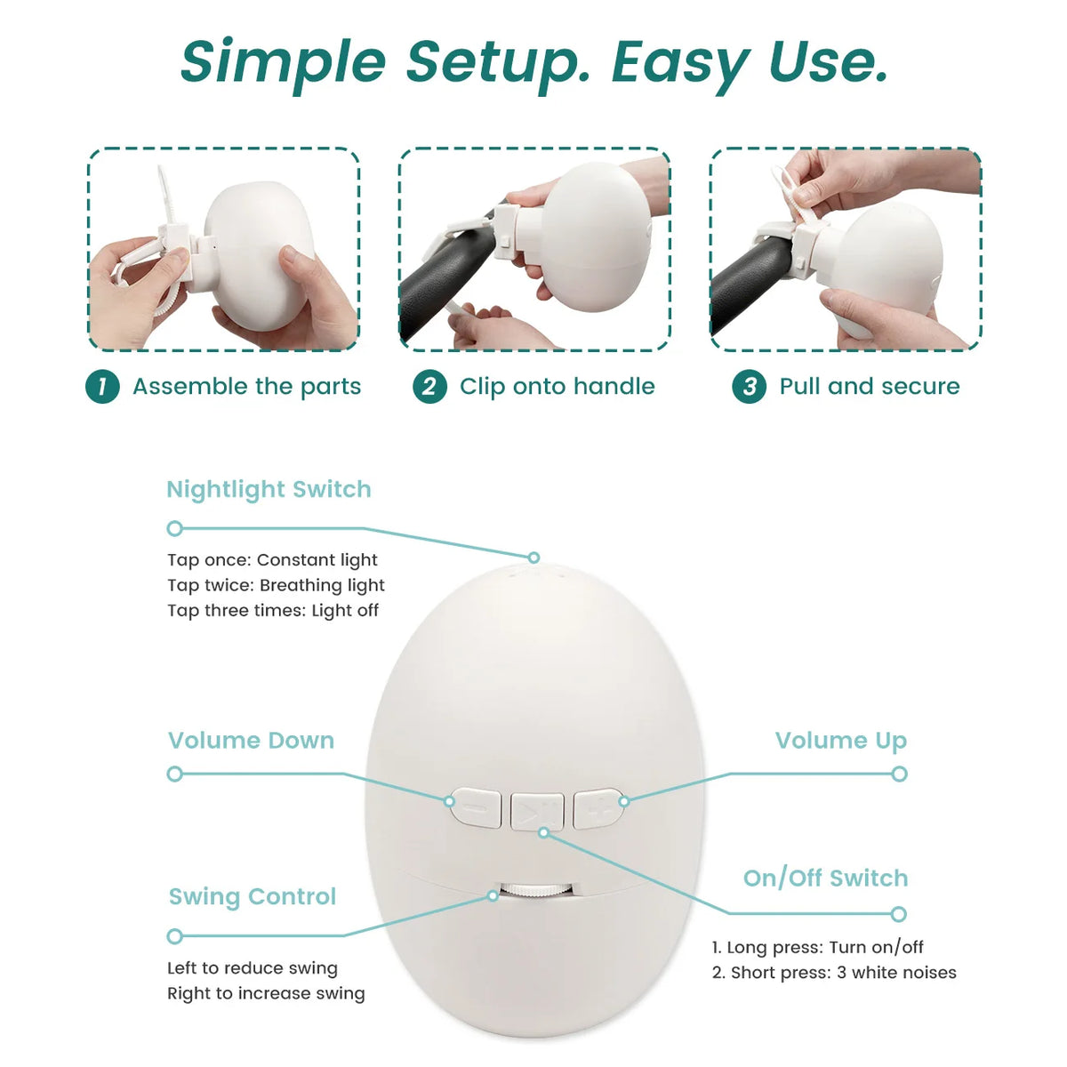 Baby Cradle Sleep Soother with Adjustable Vibration, White Noise & Touch Control Nightlight, Type-C Rechargeable Clip-On Infant