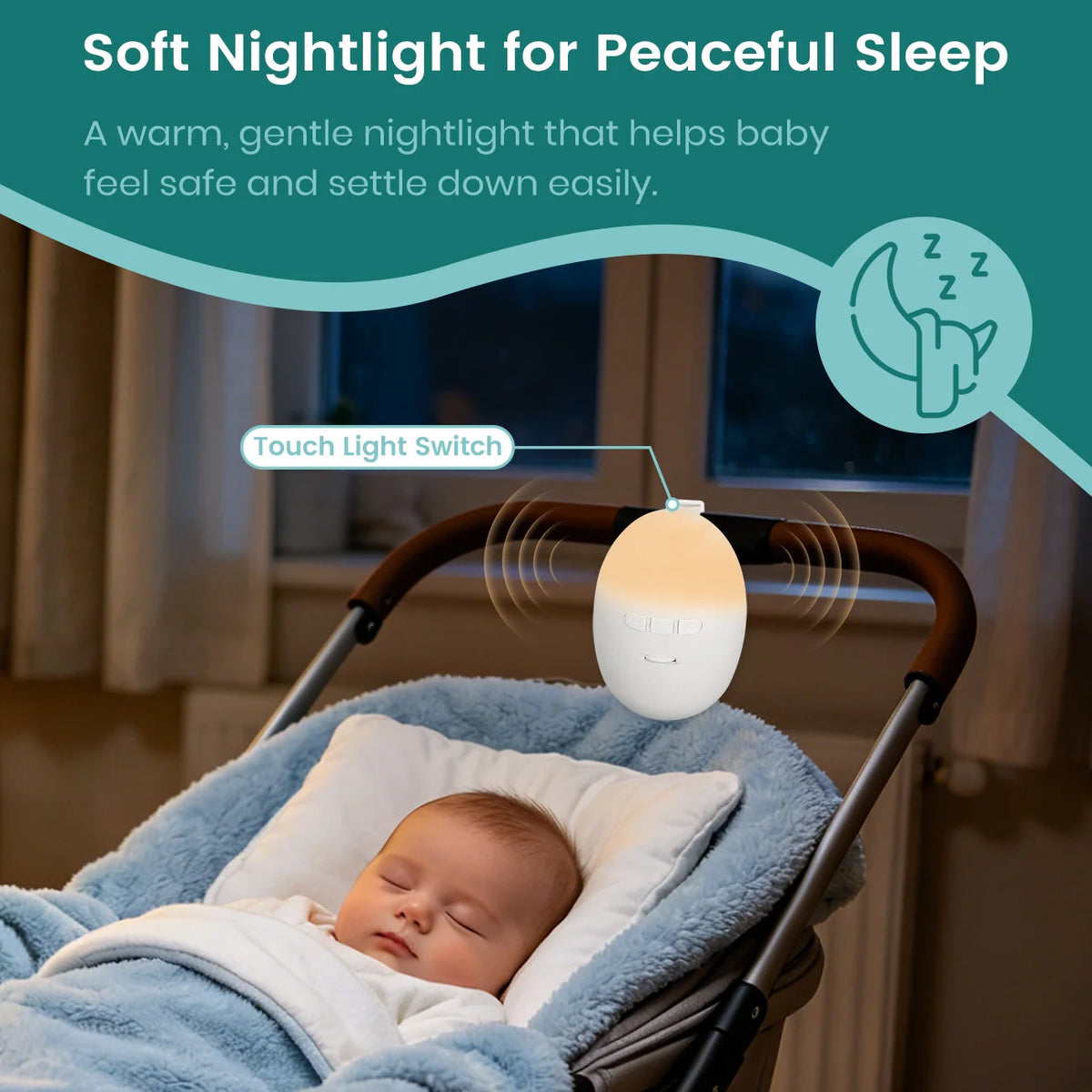 Baby Cradle Sleep Soother with Adjustable Vibration, White Noise & Touch Control Nightlight, Type-C Rechargeable Clip-On Infant