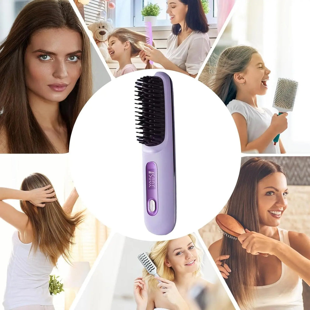 2026 Portable Straightener Brushs for Travel with LCD Temperature Display Fast Heating Cordless Mini Hair Brushs for Women