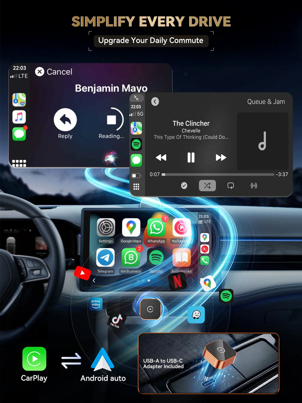 2026 Latest Wireless CarPlay Apapter （Type C） CarPlay & Android Auto,Type-C Port,Converts Wired to Wireless,Plug & Play,Auto-C